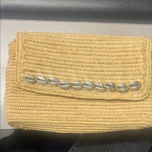 Poolside Elegant Tan Woven Clutch with Silver Accents